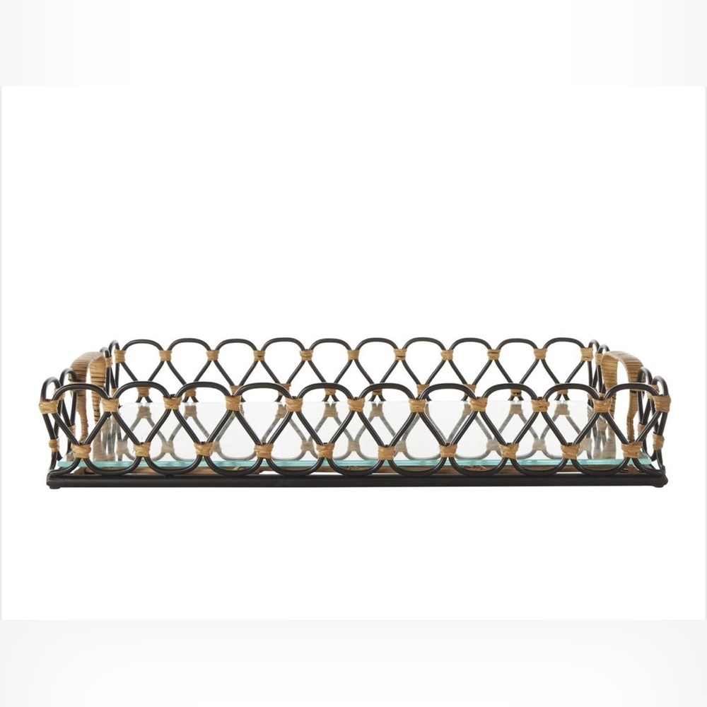 UMA Black Metal Decorative Tray Glass Base Rattan Woven Rectangular Brand New - Picture 2 of 5